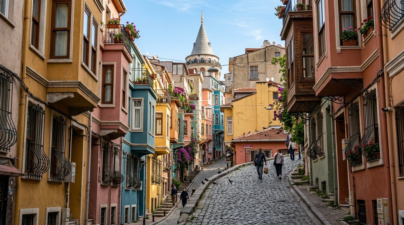 Colorful 19th-century houses climbing a steep cobbled street in Galata, Istanbul, with the tower above the rooflines
