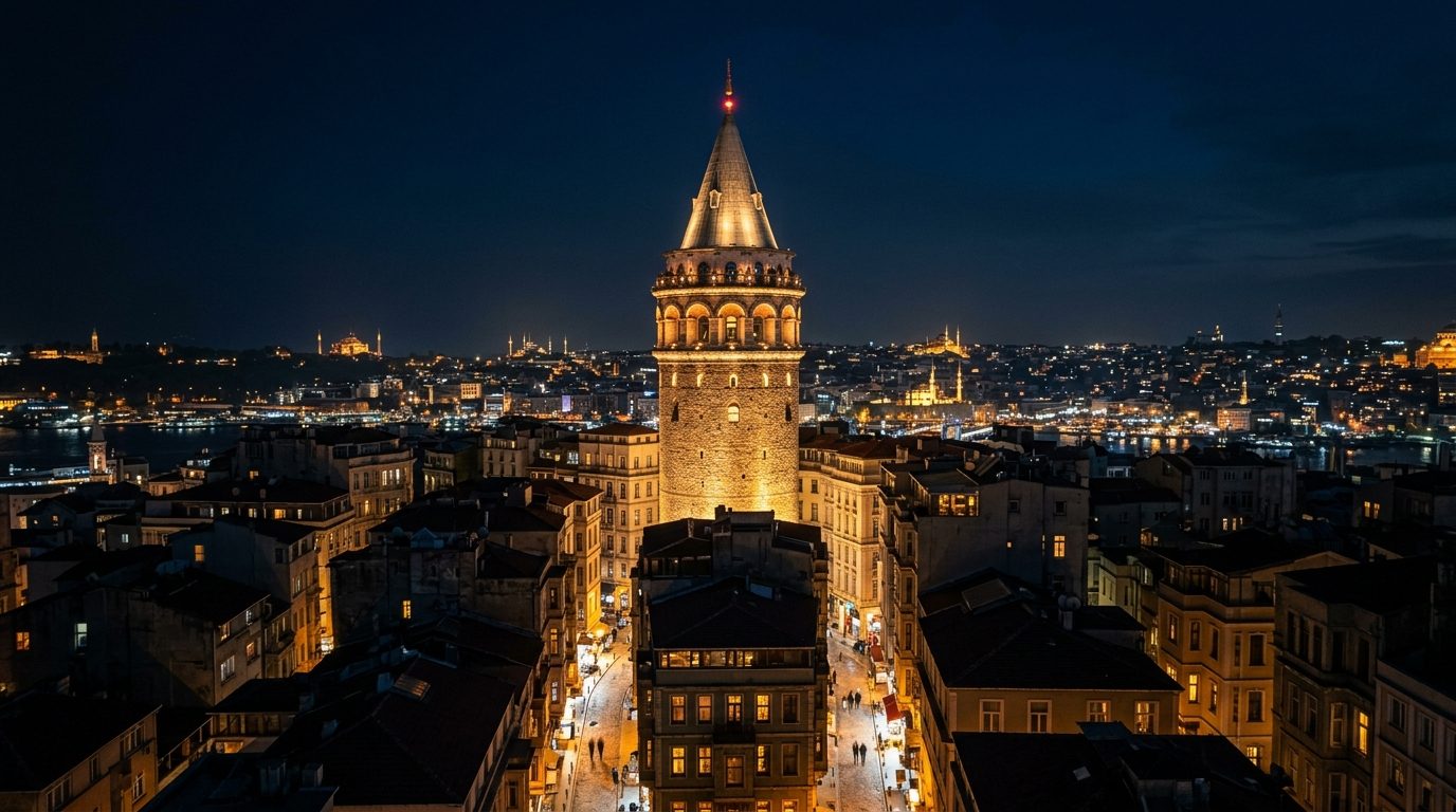 Galata Tower illuminated at night, glowing above the darkened rooftops of Beyoğlu