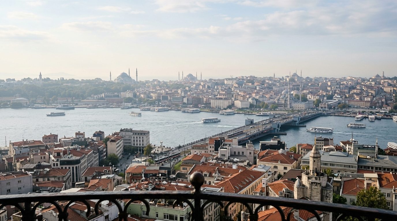 Sweeping panorama of the Golden Horn, Galata Bridge and the old city skyline from Galata Tower's balcony — the view that decides whether the climb is worth it