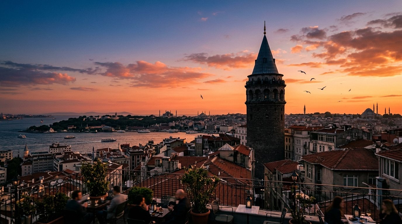 Sunset over Istanbul from a Galata rooftop terrace, with the silhouette of Galata Tower against a coral sky