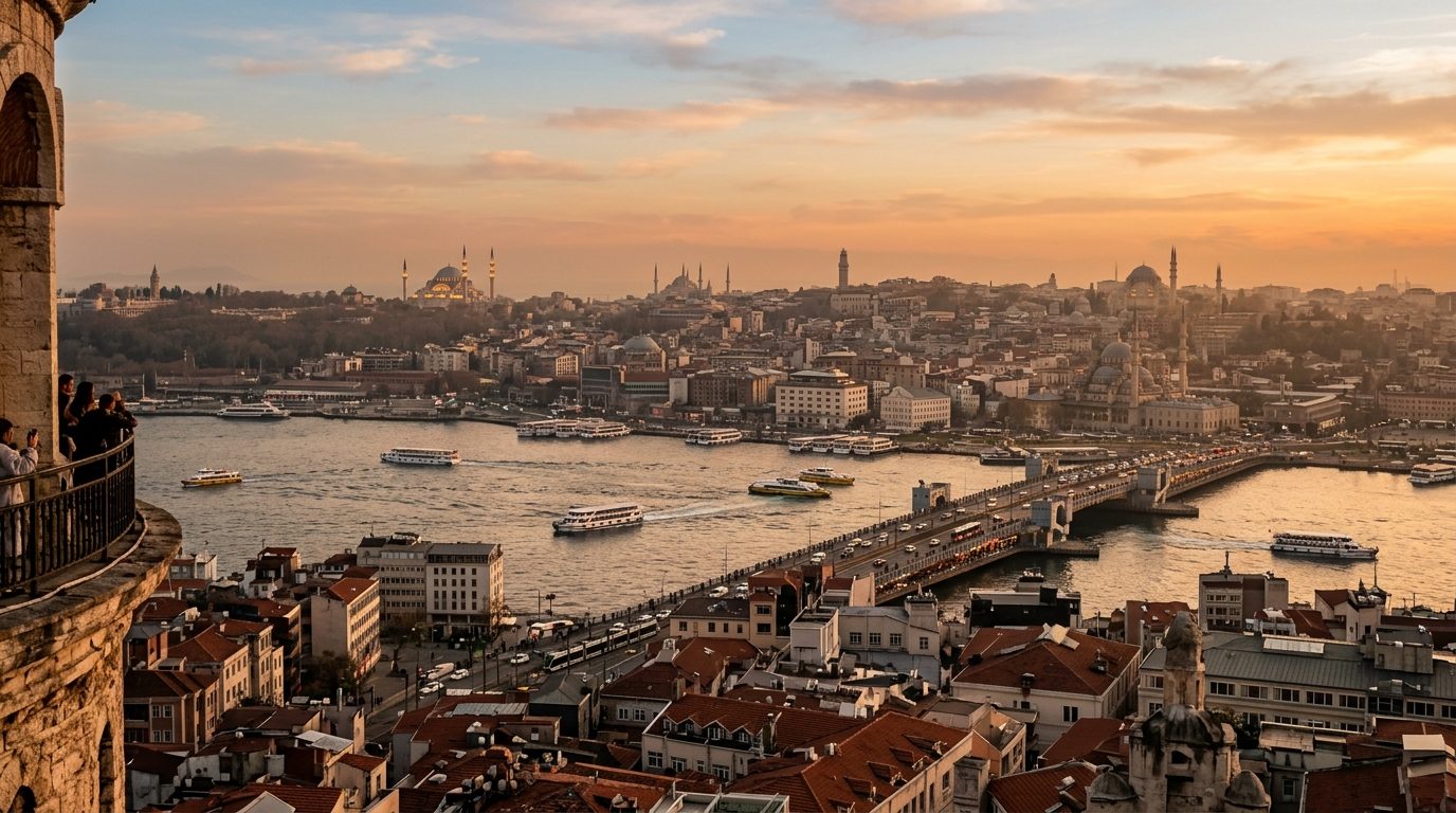 Golden-hour panorama over the Golden Horn and Istanbul's old-city skyline, seen from the Galata Tower balcony