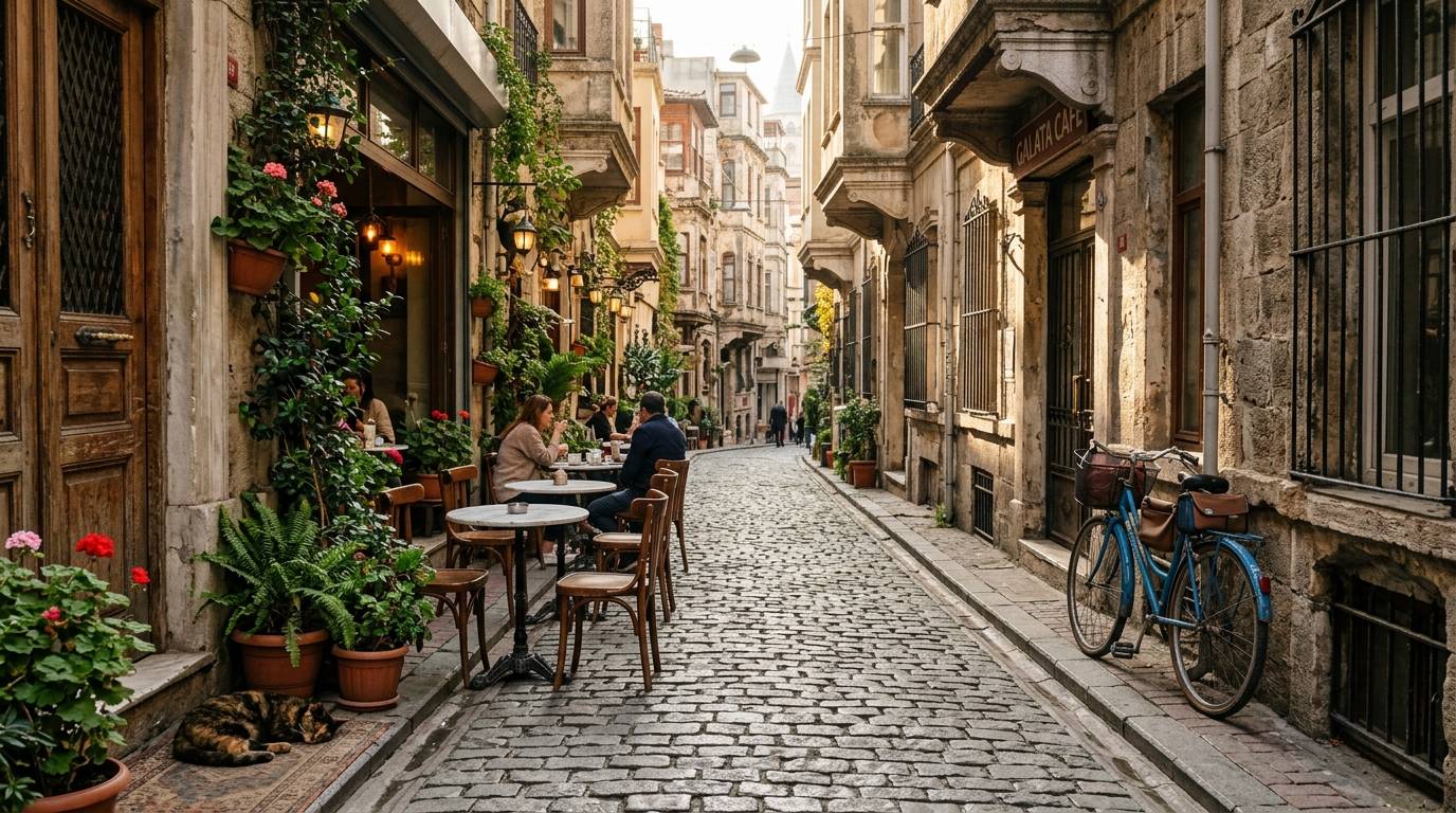 A street cafe in Karaköy, Istanbul, with small marble tables on the cobblestones and morning light between the buildings