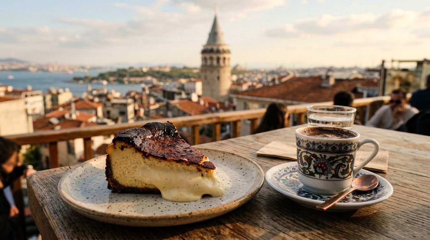 A caramelized slice of San Sebastian cheesecake and a cup of Turkish coffee on a cafe table, with Galata Tower rising in the background